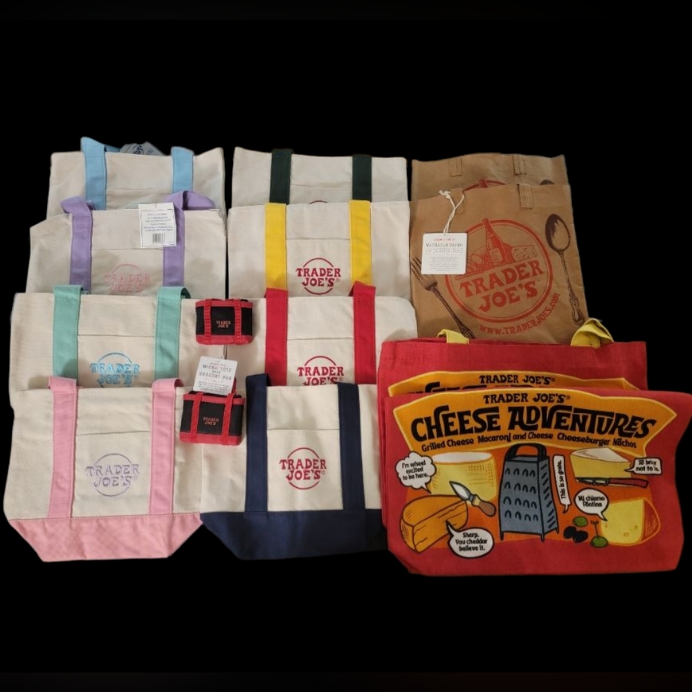 Trader Joes BUNDLE 8 Mini Canv. Totes 2 Hand Washable Bags 2 Cheese 2 Micro NWT